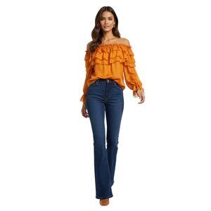 Alice + Olivia Off-Shoulder Silk Ruffle Blouse Gold XS